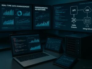 Moderner Arbeitsraum mit großen Bildschirmen, Laptops, Tablets, Server, Datenvisualisierungen, Code und schematischen Darstellungen von APIs und Kafka-Streams, Credits: 404 Magazine (Tobias Hager).