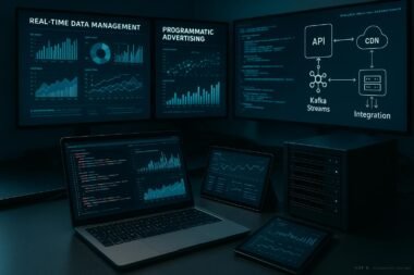 Moderner Arbeitsraum mit großen Bildschirmen, Laptops, Tablets, Server, Datenvisualisierungen, Code und schematischen Darstellungen von APIs und Kafka-Streams, Credits: 404 Magazine (Tobias Hager).