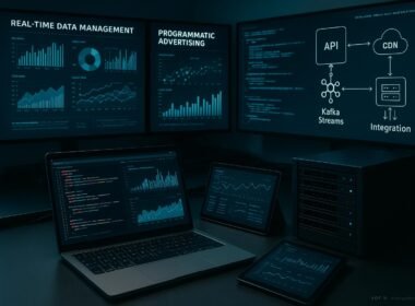 Moderner Arbeitsraum mit großen Bildschirmen, Laptops, Tablets, Server, Datenvisualisierungen, Code und schematischen Darstellungen von APIs und Kafka-Streams, Credits: 404 Magazine (Tobias Hager).