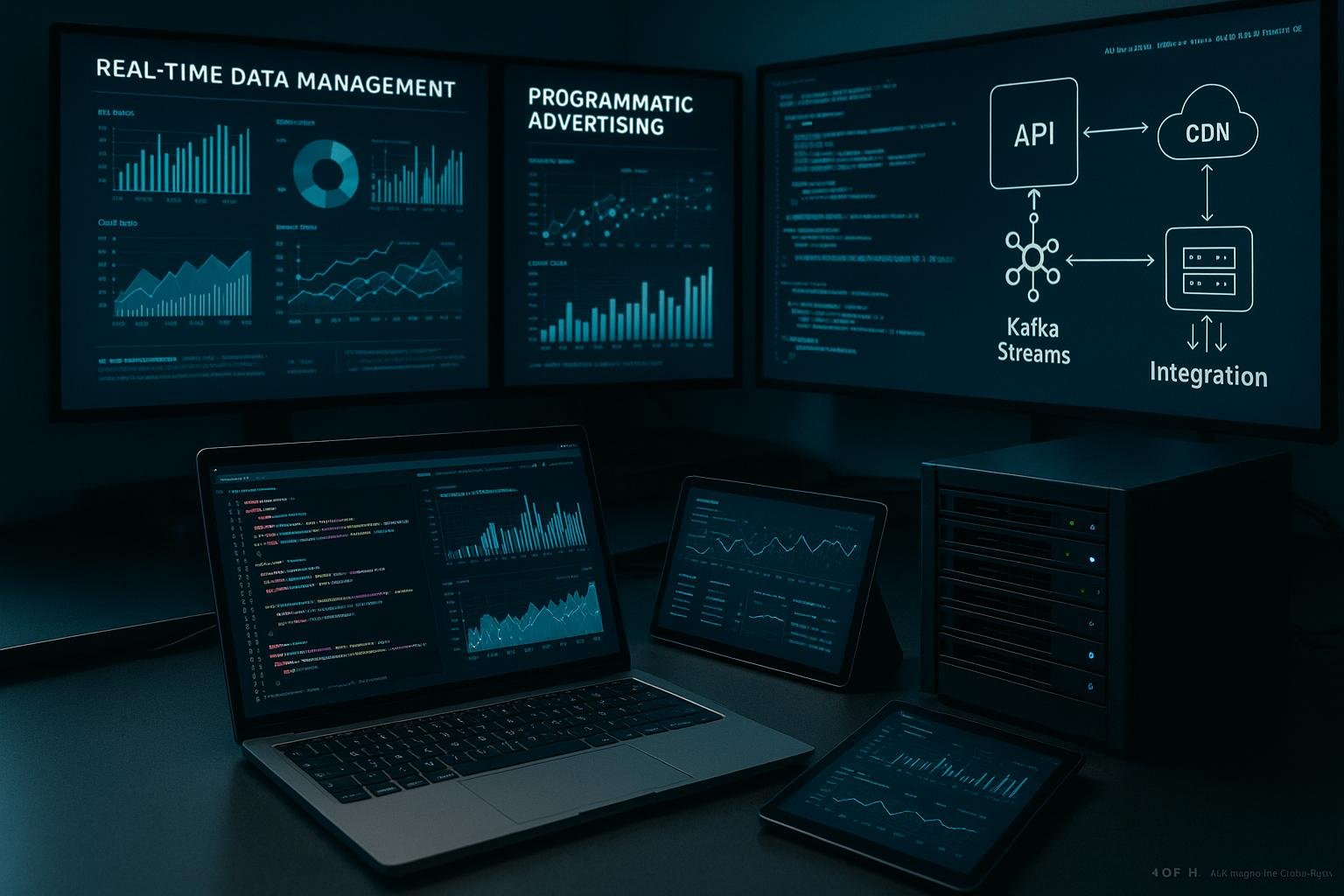 Moderner Arbeitsraum mit großen Bildschirmen, Laptops, Tablets, Server, Datenvisualisierungen, Code und schematischen Darstellungen von APIs und Kafka-Streams, Credits: 404 Magazine (Tobias Hager).