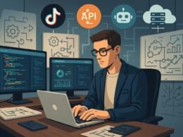 Person in Business-Casual arbeitet an einem Laptop an einem modernen digitalen Arbeitsplatz, umgeben von technischen Geräten, Whiteboards mit Skizzen und Diagrammen, im Hintergrund Symbole für TikTok, APIs, Bots und Cloud-Server.