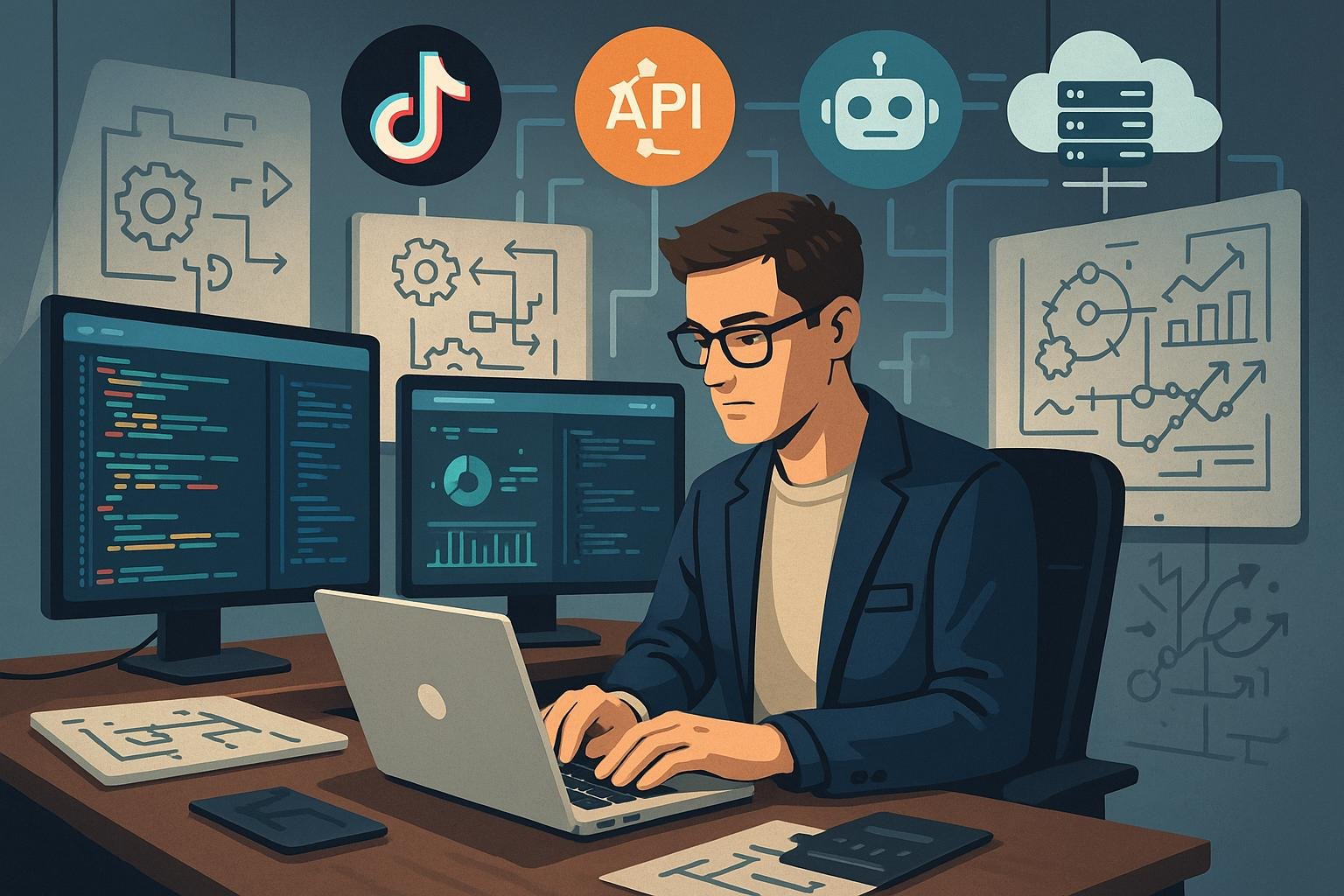 Person in Business-Casual arbeitet an einem Laptop an einem modernen digitalen Arbeitsplatz, umgeben von technischen Geräten, Whiteboards mit Skizzen und Diagrammen, im Hintergrund Symbole für TikTok, APIs, Bots und Cloud-Server.