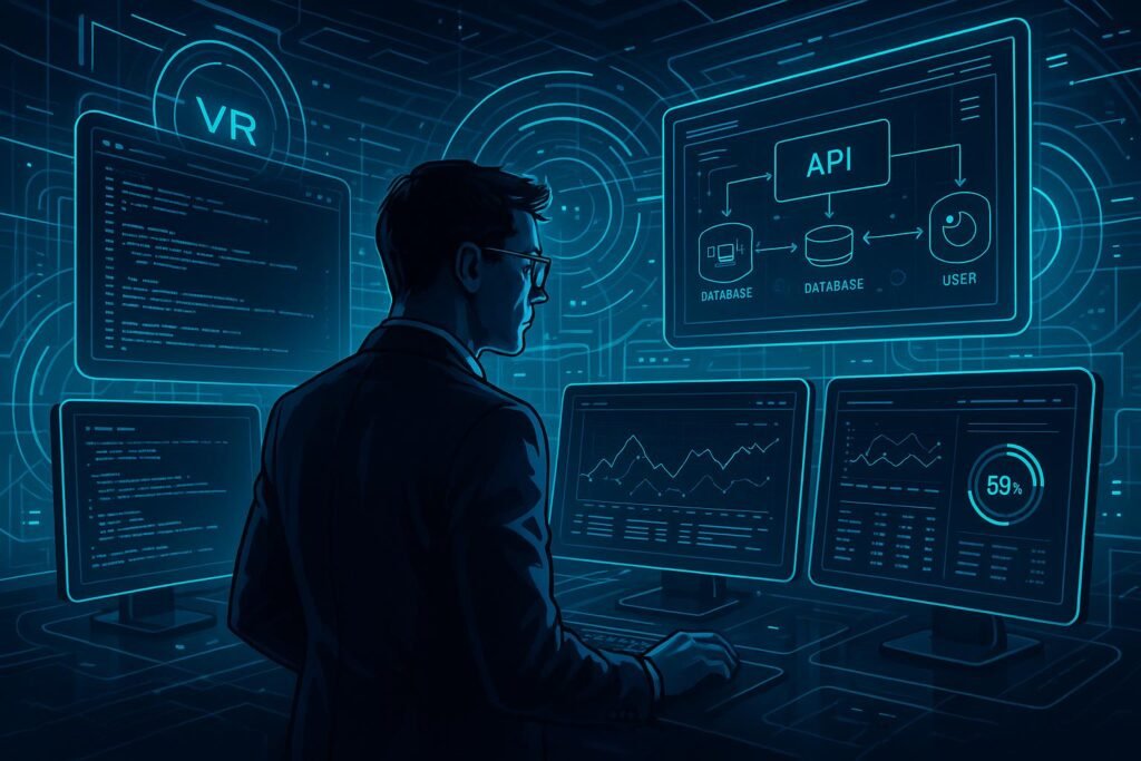 Person in Geschäftskleidung vor futuristischem Kontrollzentrum mit Monitoren, holografischen VR-Elementen und transparenten Interfaces