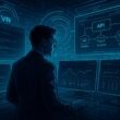 Person in Geschäftskleidung vor futuristischem Kontrollzentrum mit Monitoren, holografischen VR-Elementen und transparenten Interfaces