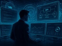 Person in Geschäftskleidung vor futuristischem Kontrollzentrum mit Monitoren, holografischen VR-Elementen und transparenten Interfaces