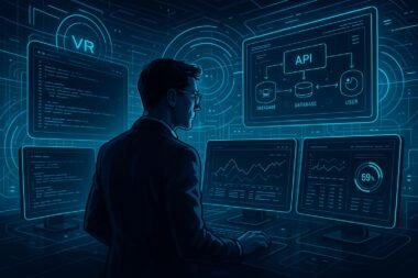 Person in Geschäftskleidung vor futuristischem Kontrollzentrum mit Monitoren, holografischen VR-Elementen und transparenten Interfaces