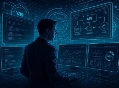 Person in Geschäftskleidung vor futuristischem Kontrollzentrum mit Monitoren, holografischen VR-Elementen und transparenten Interfaces