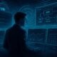 Person in Geschäftskleidung vor futuristischem Kontrollzentrum mit Monitoren, holografischen VR-Elementen und transparenten Interfaces