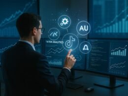 Hochentwickelter digitaler Arbeitsplatz mit Monitoren, holographischen Icons und einer Person, die mit einem Dashboard arbeitet, um Wachstumsmetriken zu analysieren. Credit: 404 Magazine (Tobias Hager)