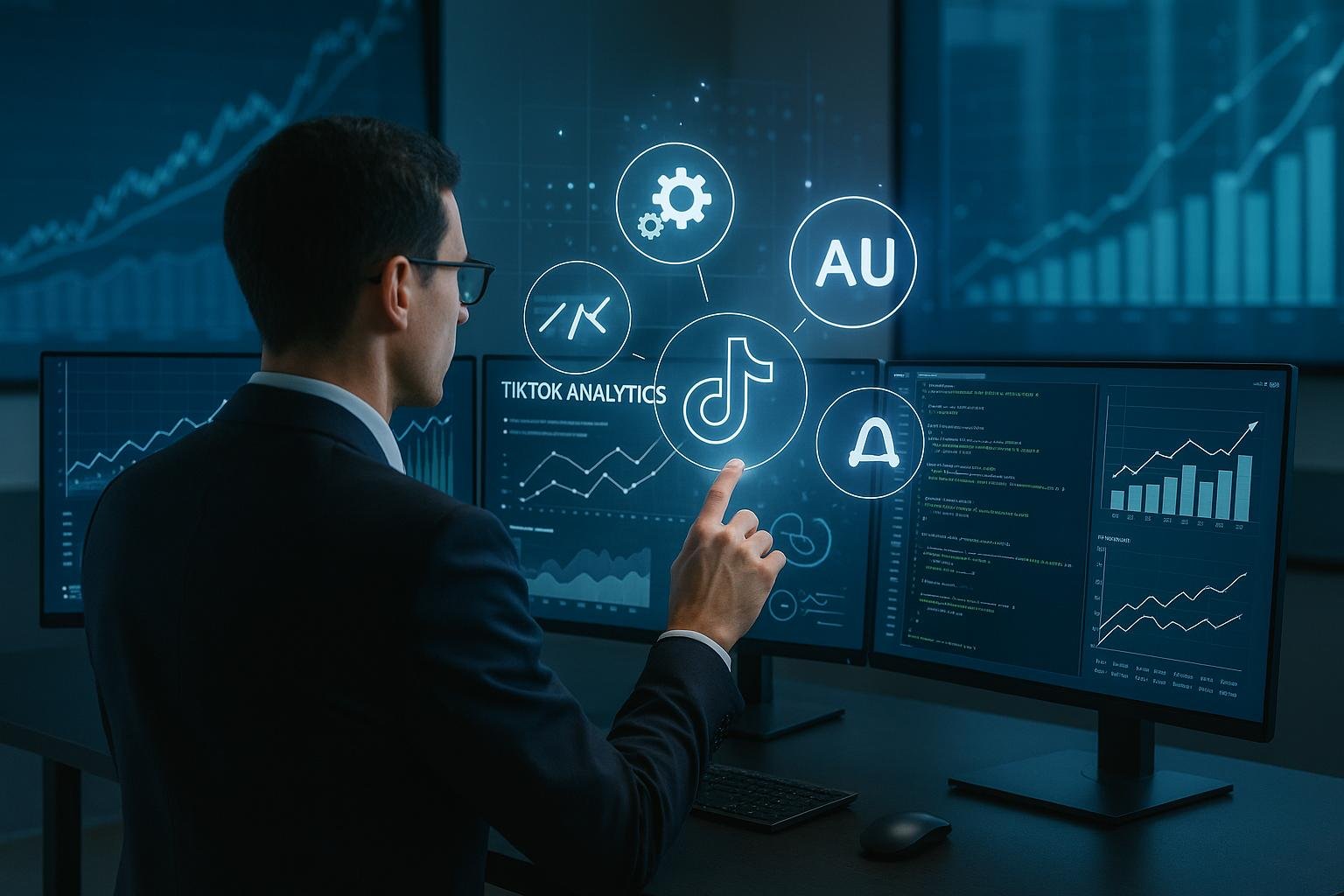 Hochentwickelter digitaler Arbeitsplatz mit Monitoren, holographischen Icons und einer Person, die mit einem Dashboard arbeitet, um Wachstumsmetriken zu analysieren. Credit: 404 Magazine (Tobias Hager)