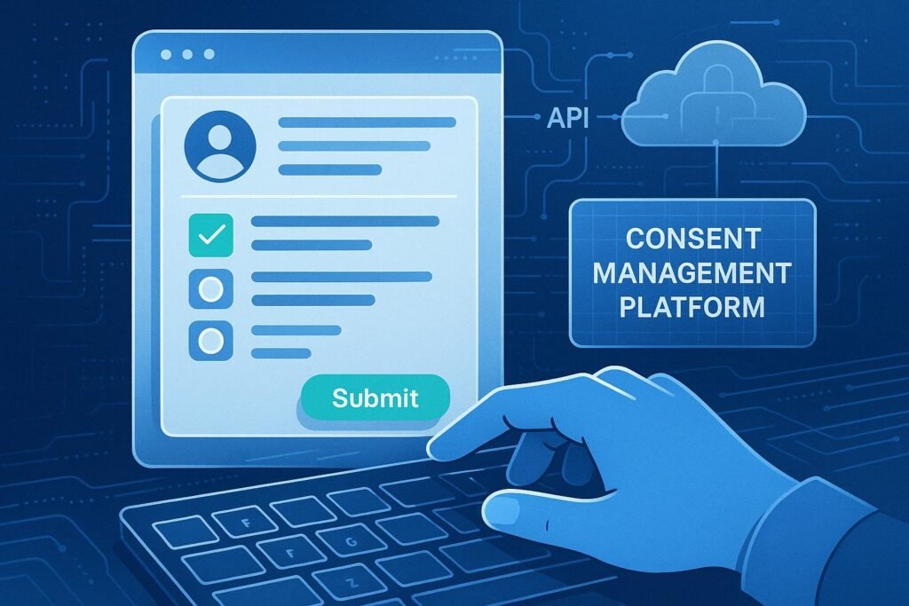 Skizzierte digitale Plattform mit Nutzerinteraktion, Datenflüssen, API-Verbindungen und Consent-Management, gestaltet in Blau, Weiß und Grün für Vertrauen und Innovation.