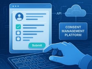 Skizzierte digitale Plattform mit Nutzerinteraktion, Datenflüssen, API-Verbindungen und Consent-Management, gestaltet in Blau, Weiß und Grün für Vertrauen und Innovation.