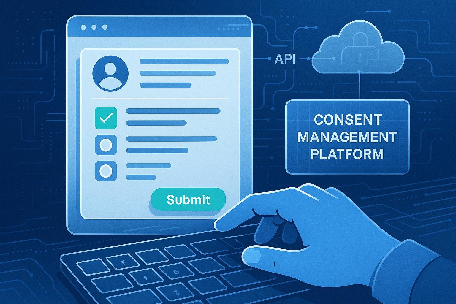 Skizzierte digitale Plattform mit Nutzerinteraktion, Datenflüssen, API-Verbindungen und Consent-Management, gestaltet in Blau, Weiß und Grün für Vertrauen und Innovation.