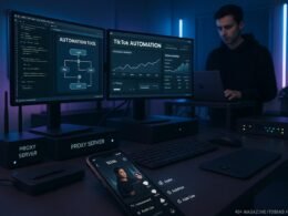 Futuristisches Büro-Setup mit mehreren Bildschirmen, technischen Geräten und Smartphone mit TikTok-Interface, das automatisierte Postings zeigt, symbolisiert High-Tech-Strategien für TikTok-Automatisierung.