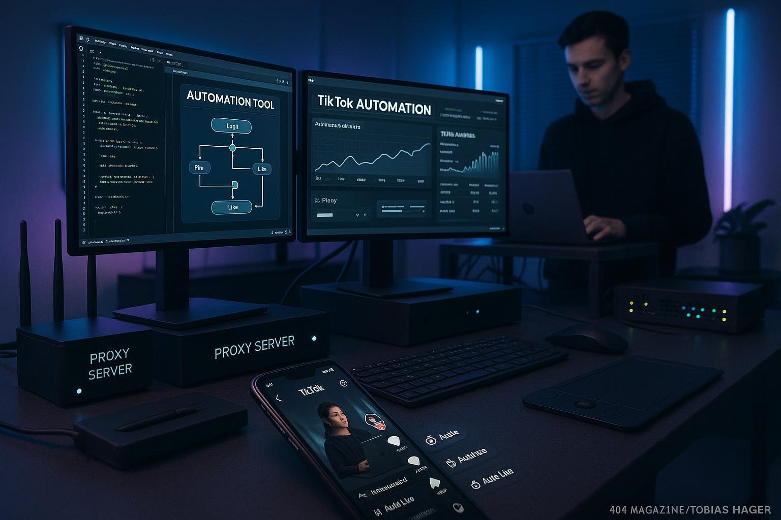 Futuristisches Büro-Setup mit mehreren Bildschirmen, technischen Geräten und Smartphone mit TikTok-Interface, das automatisierte Postings zeigt, symbolisiert High-Tech-Strategien für TikTok-Automatisierung.