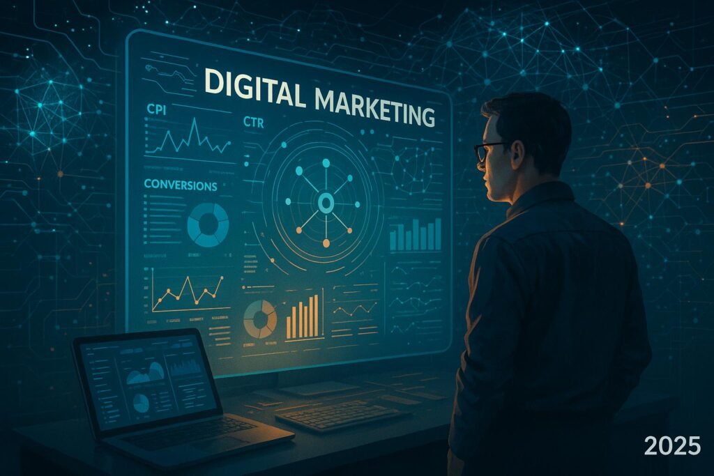 Futuristisches Digitalmarketing-Setup mit leuchtendem Bildschirm, holographischen Datenströmen und einem Marketer im Jahr 2025