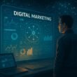 Futuristisches Digitalmarketing-Setup mit leuchtendem Bildschirm, holographischen Datenströmen und einem Marketer im Jahr 2025