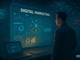 Futuristisches Digitalmarketing-Setup mit leuchtendem Bildschirm, holographischen Datenströmen und einem Marketer im Jahr 2025