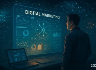 Futuristisches Digitalmarketing-Setup mit leuchtendem Bildschirm, holographischen Datenströmen und einem Marketer im Jahr 2025