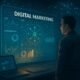 Futuristisches Digitalmarketing-Setup mit leuchtendem Bildschirm, holographischen Datenströmen und einem Marketer im Jahr 2025