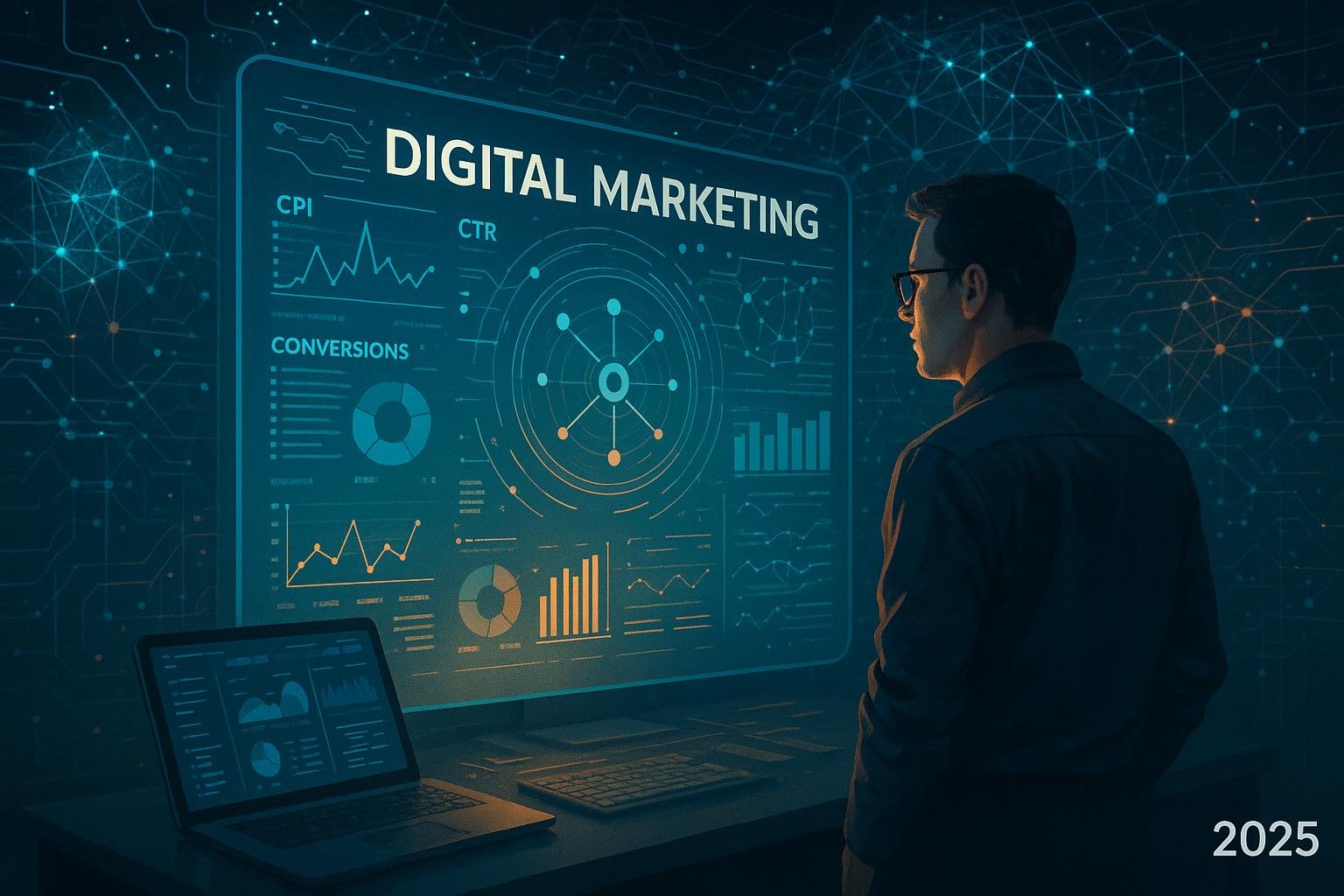 Futuristisches Digitalmarketing-Setup mit leuchtendem Bildschirm, holographischen Datenströmen und einem Marketer im Jahr 2025