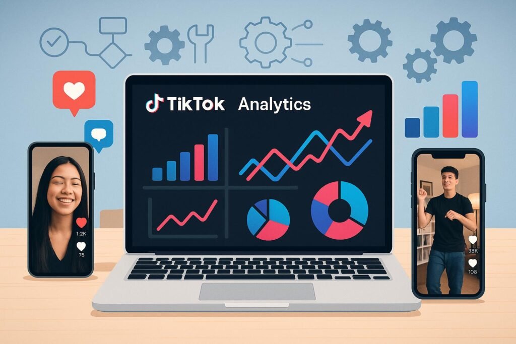 Moderner Arbeitsplatz mit Laptop und Smartphones, die TikTok-Analysen und Videos anzeigen, umgeben von Engagement-Icons und digitalen Graphen, mit Hintergrundeinrichtungen von Automatisierungssymbolen.