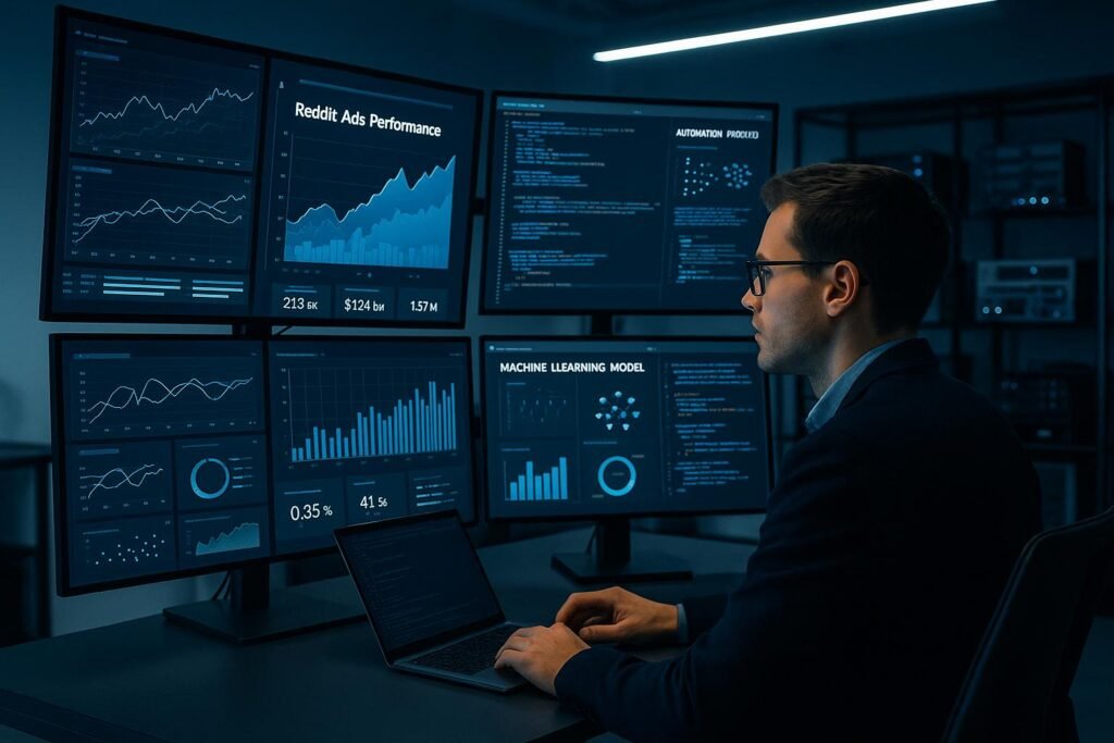 Futuristisches Büro mit großen Monitoren, Datenvisualisierungen, KI-Modelle und einer Person in Business-Casual-Kleidung, die auf die Monitore schaut