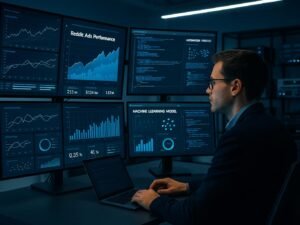 Futuristisches Büro mit großen Monitoren, Datenvisualisierungen, KI-Modelle und einer Person in Business-Casual-Kleidung, die auf die Monitore schaut