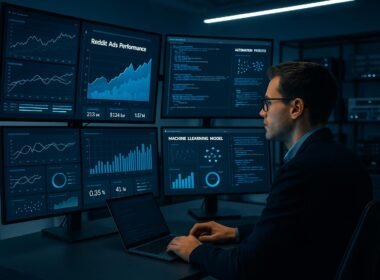 Futuristisches Büro mit großen Monitoren, Datenvisualisierungen, KI-Modelle und einer Person in Business-Casual-Kleidung, die auf die Monitore schaut