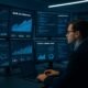 Futuristisches Büro mit großen Monitoren, Datenvisualisierungen, KI-Modelle und einer Person in Business-Casual-Kleidung, die auf die Monitore schaut