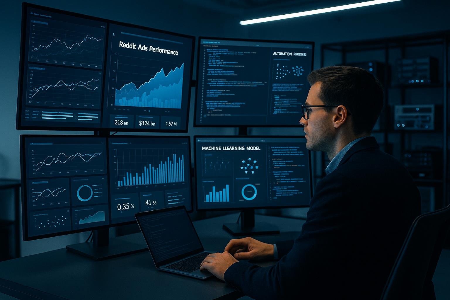 Futuristisches Büro mit großen Monitoren, Datenvisualisierungen, KI-Modelle und einer Person in Business-Casual-Kleidung, die auf die Monitore schaut