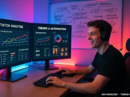 Junger Content Creator vor mehreren großen Bildschirmen mit TikTok-Analysen, Trenddaten und KI-gestützter Content-Generierung, im modernen Büro mit Whiteboard und LED-Lichtern.