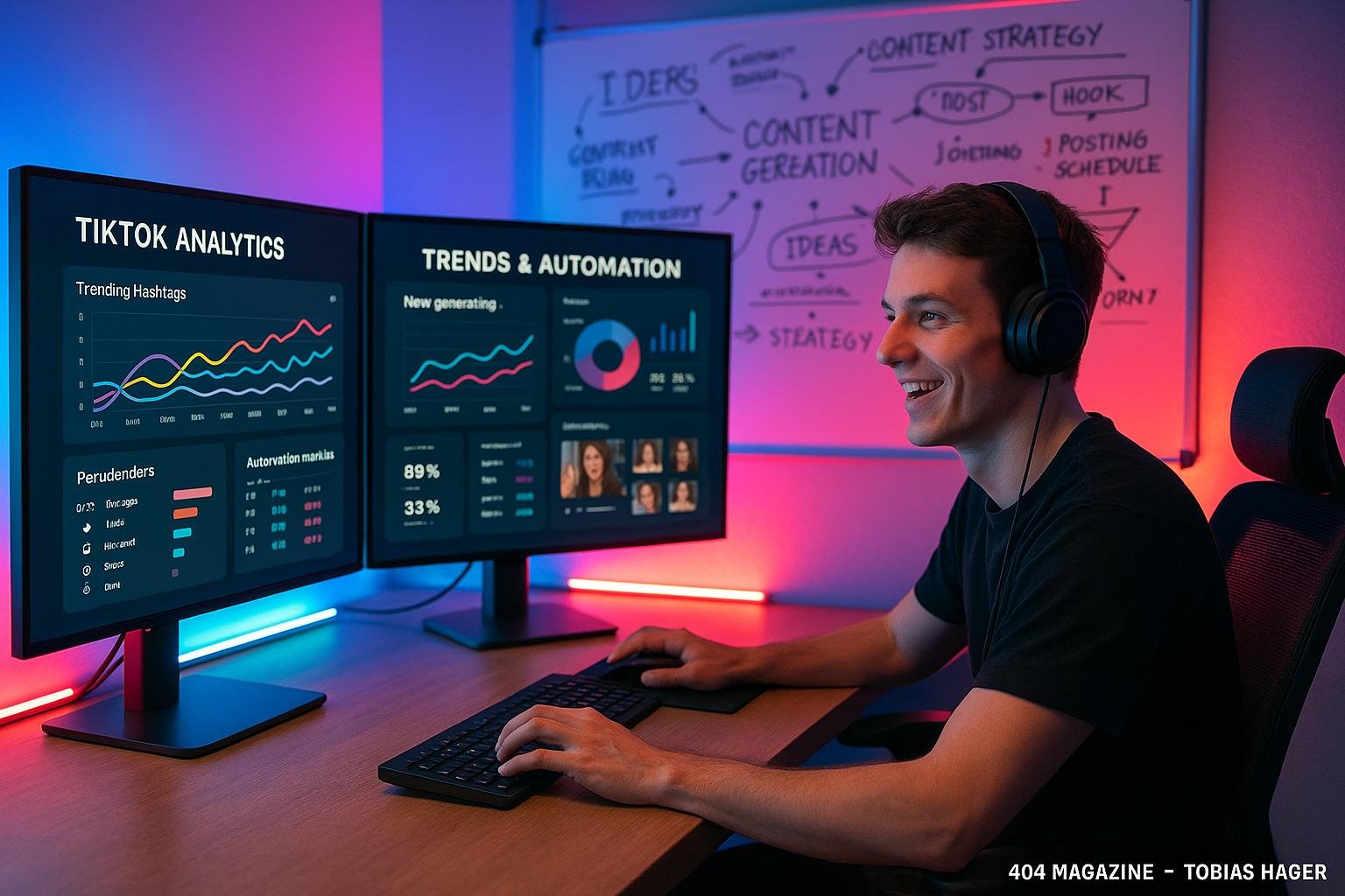Junger Content Creator vor mehreren großen Bildschirmen mit TikTok-Analysen, Trenddaten und KI-gestützter Content-Generierung, im modernen Büro mit Whiteboard und LED-Lichtern.