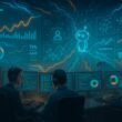 Moderner, hoch technischer Arbeitsplatz mit digitalen Dashboards, Entwicklern vor Monitoren, holografischen Präsentationen und leuchtenden Datenströmen, geprägt von fortschrittlicher Technologie.
