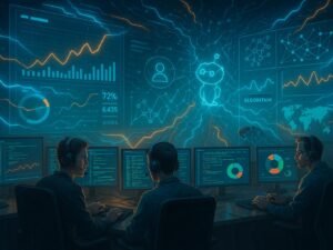 Moderner, hoch technischer Arbeitsplatz mit digitalen Dashboards, Entwicklern vor Monitoren, holografischen Präsentationen und leuchtenden Datenströmen, geprägt von fortschrittlicher Technologie.