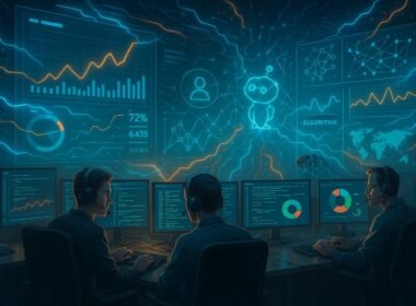 Moderner, hoch technischer Arbeitsplatz mit digitalen Dashboards, Entwicklern vor Monitoren, holografischen Präsentationen und leuchtenden Datenströmen, geprägt von fortschrittlicher Technologie.