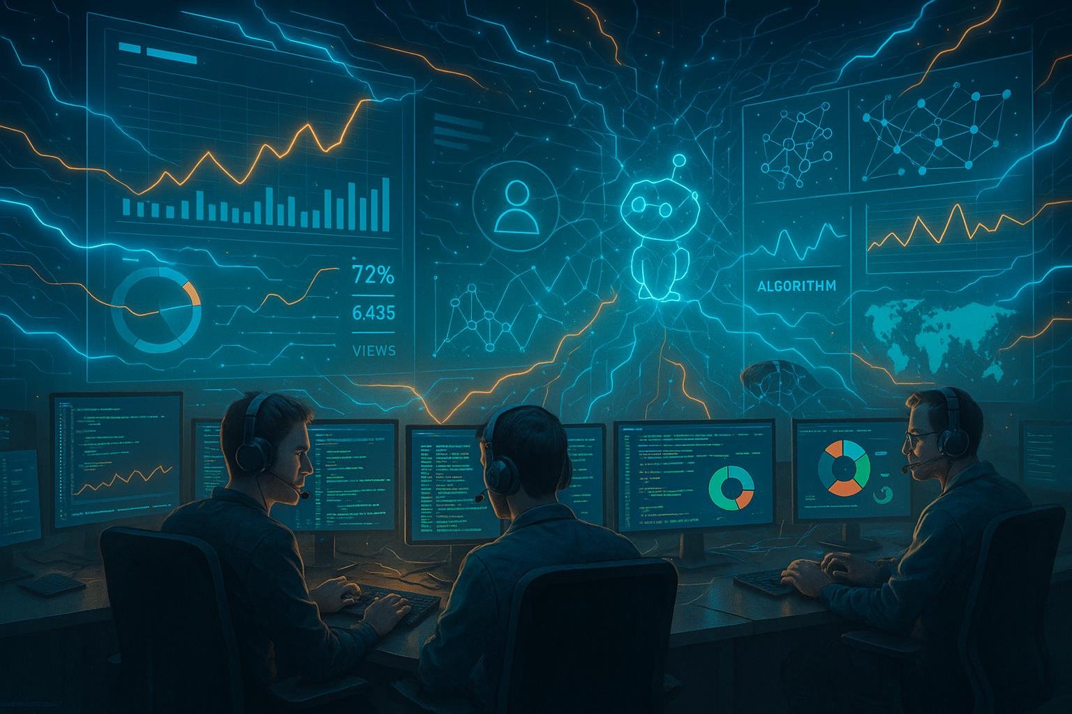 Moderner, hoch technischer Arbeitsplatz mit digitalen Dashboards, Entwicklern vor Monitoren, holografischen Präsentationen und leuchtenden Datenströmen, geprägt von fortschrittlicher Technologie.