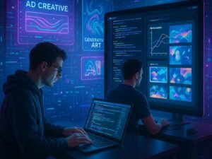 Futuristischer Arbeitsplatz mit großen Bildschirm, holographischen Anzeigen und zwei Entwicklern bei der Arbeit