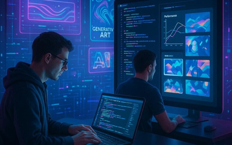 Futuristischer Arbeitsplatz mit großen Bildschirm, holographischen Anzeigen und zwei Entwicklern bei der Arbeit