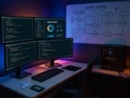 Ein modernes Arbeitszimmer in einem Tech-Büro mit mehreren Monitoren, Whiteboard mit Skizzen, bunten LED-Lichtern und Automatisierungs-Tools, fotografiert von Tobias Hager für 404 Magazine