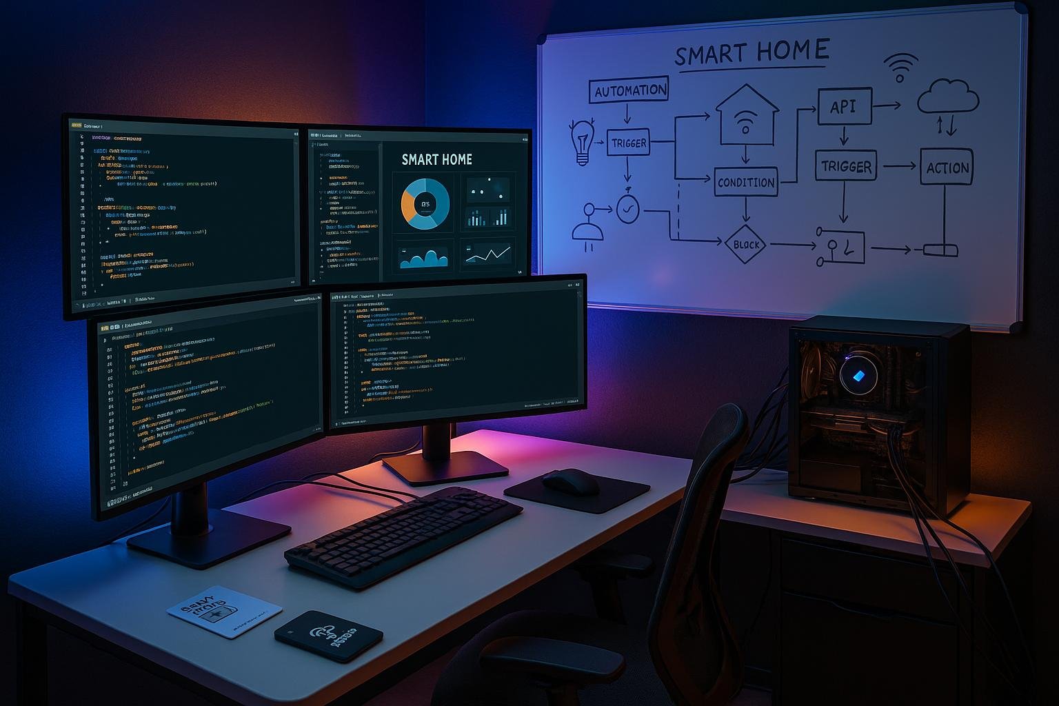 Ein modernes Arbeitszimmer in einem Tech-Büro mit mehreren Monitoren, Whiteboard mit Skizzen, bunten LED-Lichtern und Automatisierungs-Tools, fotografiert von Tobias Hager für 404 Magazine