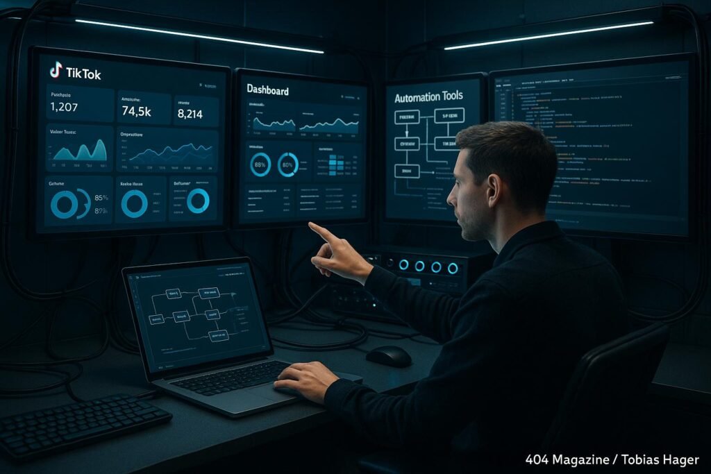 Hoch technisierter Arbeitsraum mit mehreren Bildschirmen, die Daten, Diagramme und Code zeigen, im Vordergrund ein Profi, im Hintergrund weitere Bildschirme und Steuerungskonsole, Credit: 404 Magazine (Tobias Hager).