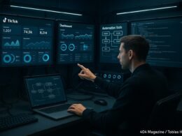 Hoch technisierter Arbeitsraum mit mehreren Bildschirmen, die Daten, Diagramme und Code zeigen, im Vordergrund ein Profi, im Hintergrund weitere Bildschirme und Steuerungskonsole, Credit: 404 Magazine (Tobias Hager).