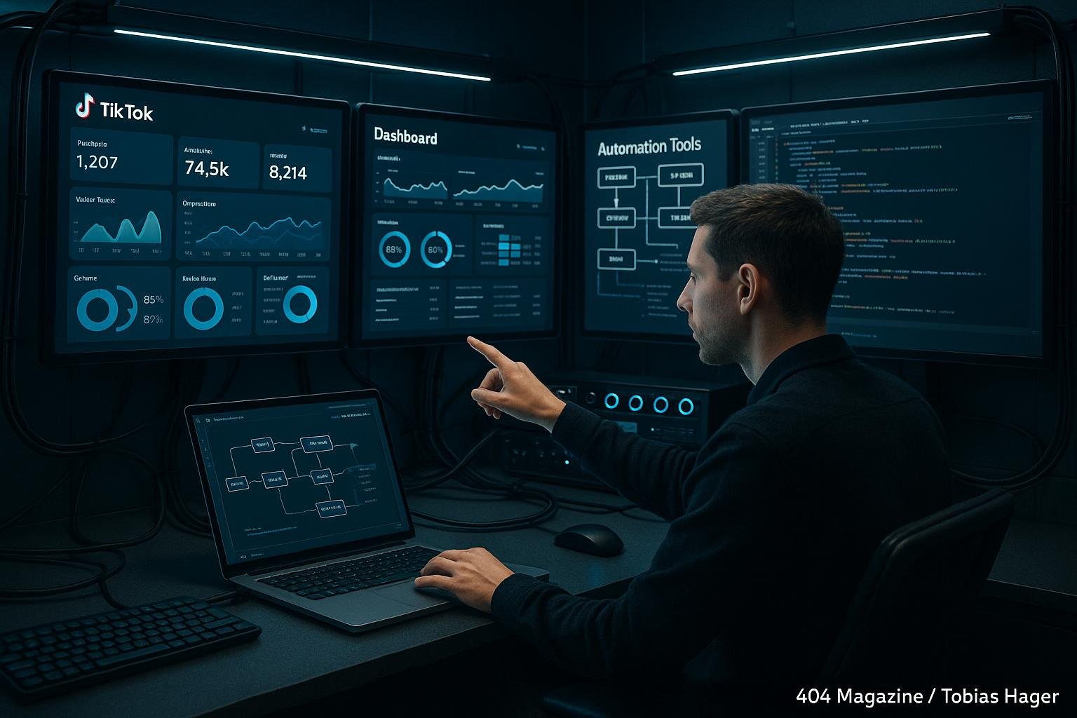 Hoch technisierter Arbeitsraum mit mehreren Bildschirmen, die Daten, Diagramme und Code zeigen, im Vordergrund ein Profi, im Hintergrund weitere Bildschirme und Steuerungskonsole, Credit: 404 Magazine (Tobias Hager).