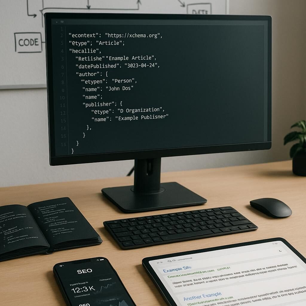 Modernes Arbeitszimmer mit Computer, Notizbüchern, Smartphone und Tablet, die SEO- und Webentwicklungsthemen zeigen, mit Diagrammen im Hintergrund.