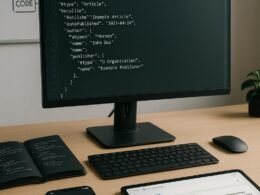 Modernes Arbeitszimmer mit Computer, Notizbüchern, Smartphone und Tablet, die SEO- und Webentwicklungsthemen zeigen, mit Diagrammen im Hintergrund.