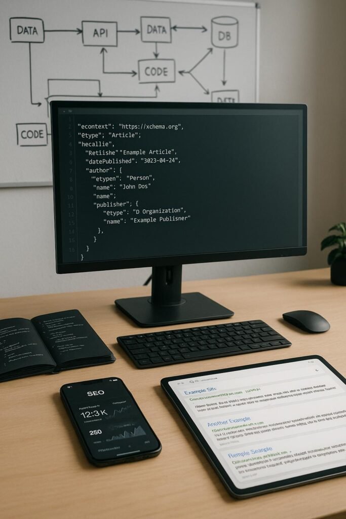 Modernes Arbeitszimmer mit Computer, Notizbüchern, Smartphone und Tablet, die SEO- und Webentwicklungsthemen zeigen, mit Diagrammen im Hintergrund.