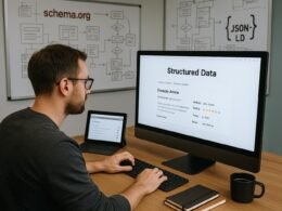 Entwickler arbeitet an einem großen Computerbildschirm mit einer übersichtlichen Webseite und schematischen Diagrammen im Hintergrund, Whiteboards mit Skizzen, Notizbücher und Kaffee auf dem Tisch.