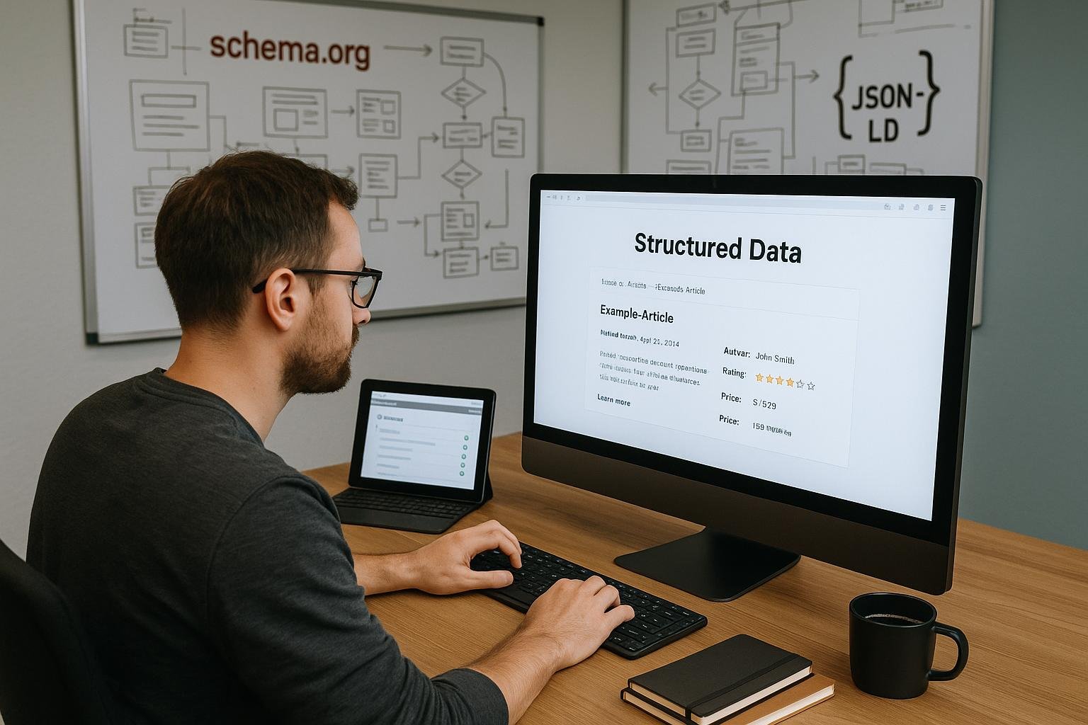 Entwickler arbeitet an einem großen Computerbildschirm mit einer übersichtlichen Webseite und schematischen Diagrammen im Hintergrund, Whiteboards mit Skizzen, Notizbücher und Kaffee auf dem Tisch.
