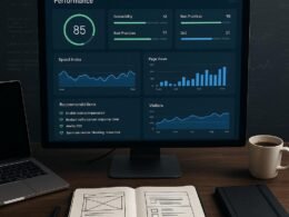Moderner Arbeitsplatz eines Webentwicklers mit Monitor, Laptop, Notizbüchern, Kaffeetasse, Code-Snippets und Diagrammen, Fokus auf Leistung und Optimierung. Credit: 404 Magazine (Tobias Hager)